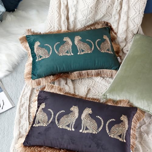Lumbar Decorative Throw Pillow Cover with Tassels Leopard Pattern Cushion Cover Luxury Style Soft Velvet Pillowcase for Sofa Couch Bedroom (12"x20",Black) - color: Black, size: 20" x 12" (Pack of 1)