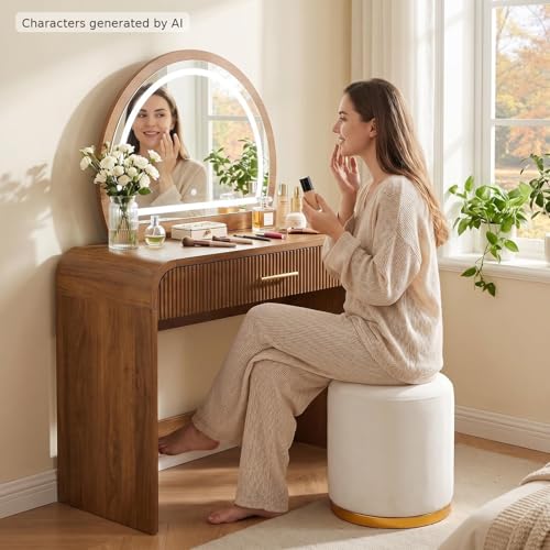 Makeup Vanity Desk with LED Touch Screen Lighted Mirror, Wooden Vanity Table with Drawer, Curved Edge Dressing Table with Removable Mirror for Bedroom (Espresso) - color: Espresso