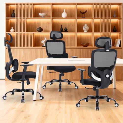 Office Chair Ergonomic Desk Chairs with Adjustable Lumbar Support & Headrest, Mesh High Back Home Office Desk Chairs with Adjustable Height Armrests, Comfy Swivel Task Computer Chair