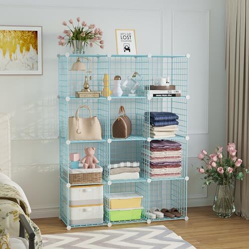 C&AHOME Wire Cube Storage, 12 - Cube Organizer Metal C Grids, Closet, Blue | Modular Shelves Units Storage Bins Shelving Bookshelf Shelf Cabinet - color: Blue