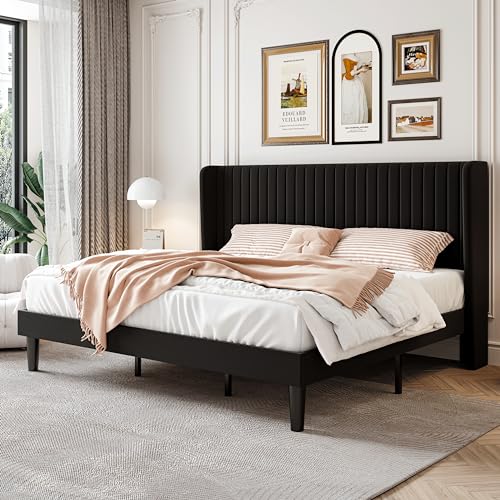 SHA CERLIN King Size Velvet Bed Frame, Tufted Wingback Headboard, Black | 47'' Modern Vertical Channel Headboard, Upholstered Platform Bed, Wood Slats, No Box Spring Needed, Easy Assembly, Noise Free - color: Black, size: King