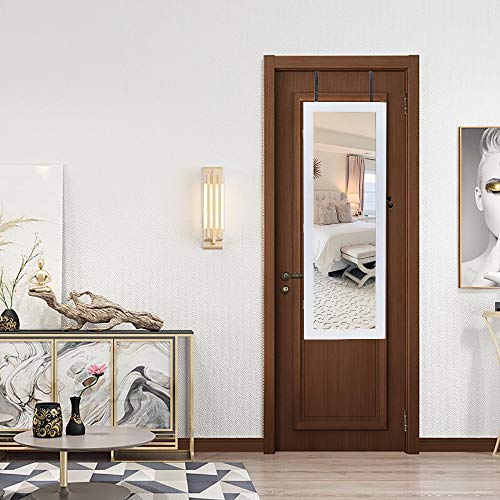 42.5" Wood Jewelry Mirror Cabinet,Wall or Door Mounted Jewelry Storage Cabinet,Space-Saving Large Jewelry Armoire Organizer,with Lock & LED Lights,for Living Room, Bedroom, Cloakroom (White) - size: 37x10x108cm