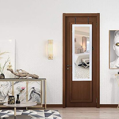 42.5" Wood Jewelry Mirror Cabinet,Wall or Door Mounted Jewelry Storage Cabinet,Space-Saving Large Jewelry Armoire Organizer,with Lock & LED Lights,for Living Room, Bedroom, Cloakroom (White) - size: 37x10x108cm