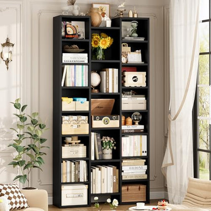 FOTOSOK 71'' H Black Bookshelf with 21 Cubes, Triple Wide Tall Bookshelf | 8 Tier Bookcase with 8 Adjustable Shelves, Large Bookshelf DVD/CD Media Tower Storage, Freestanding Display Shelf Cabinet - color: Black