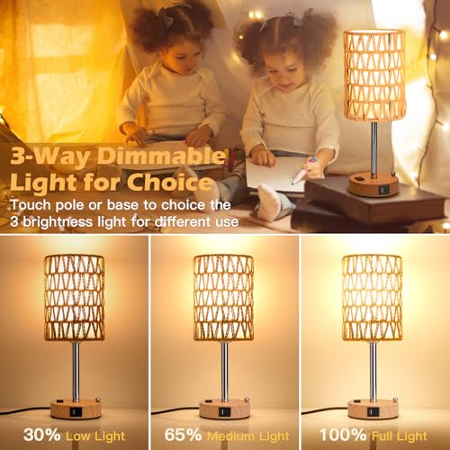 Rattan Table Lamps for Living Room, 3 Way Dimmable Touch Lamps, Small Bedside Lamps with LED Bulbs, Phone Stand, USB Ports and AC Outlet, Boho Nightstand Lamp for Bedroom Office (2 Pack Faux Wood) - size: 2 Pack Faux Wood