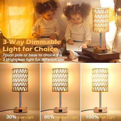 Rattan Table Lamps for Living Room, 3 Way Dimmable Touch Lamps, Small Bedside Lamps with LED Bulbs, Phone Stand, USB Ports and AC Outlet, Boho Nightstand Lamp for Bedroom Office (2 Pack Faux Wood) - size: 2 Pack Faux Wood