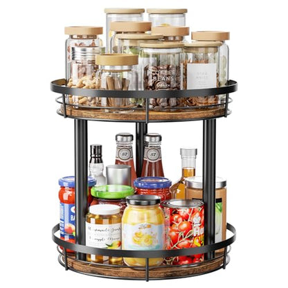 LAMU 10'' Wood Lazy Susan Spice Rack Organizer, 2 Tier Spice Organization for Cabinet, Countertop, Kitchen, Table Top, Pantry, Condiment and Seasoning Rack Organizer - size: 2 Tier 10 in