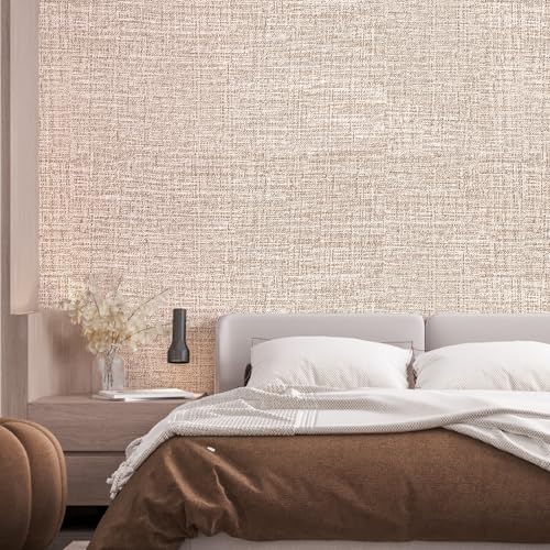 Khaki Grasscloth Peel and Stick Wallpaper 17.3"x480" Faux Linen Textured Contact Paper Removable Self Adhesive Vinyl Wallpaper for Bedroom Bathroom Kitchen Cabinets - color: Khaki, size: 17.3" x 480"