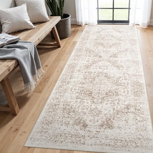 4x8 Washable Hallway Runner Rug: Vintage Wide Low Pile Rugs IvoryBeige | Water Resistant Non Slip Pet Friendly Easy Clean Design Soft Rugs for Kitchen Entryway Bedroom Living Room and Home Decor - color: Ivory/Beige, size: 4x8