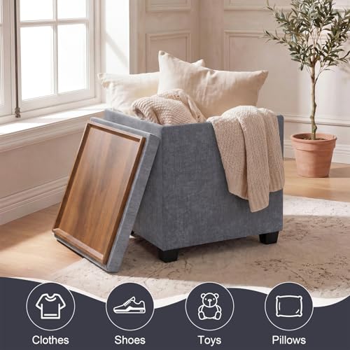15 inch Square Storage Ottoman with Tray Lid,Modern Tufted Fabric Cube Coffee Table with Storage,Upholstered Ottoman with Removable Top for Living Room, Bedroom - color: Gray With Tray