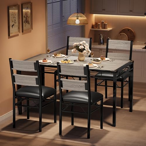 IDEALHOUSE Wood Dining Table Set for 4 with Corner Protector, Kitchen Table Chairs Set of 4 with Upholstered Chairs, Dining Room Table Set for 4, for Dining Room, Apartment,Retro Gray - color: Retro Gray, size: Table and 4 Chairs