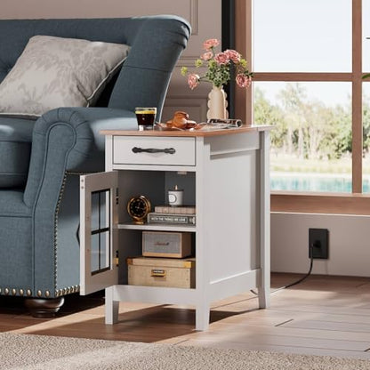 WLIVE End Table with Charging Station, Narrow Side Table for Living Room, Farmhouse Night Stand with Storage, Small Wooden Cabinet Nightstand with USB Ports and Outlets, 23.62" D x 13.78" W x 23.62" H - color: White