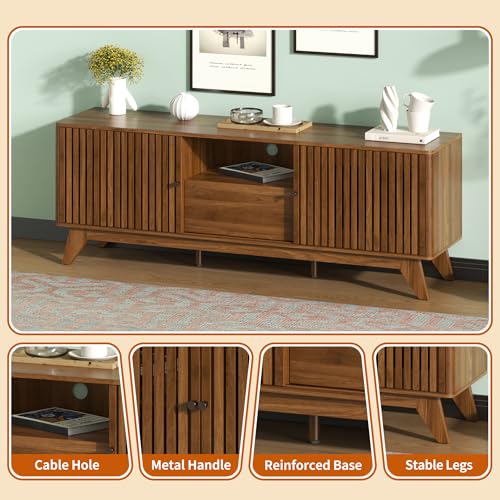 63" TV Stand, Media Console for TVs up to 70", Walnut | Mid-Century Modern Design, Fluted Sliding Doors, Storage Cabinets, Cable Management, Media Console for Living Room, Bedroom