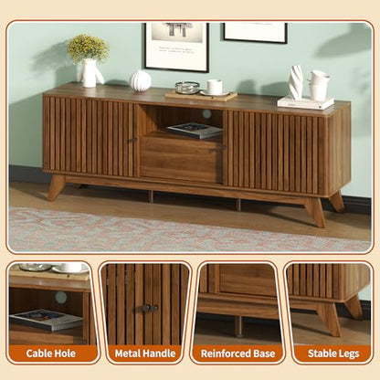 63" TV Stand, Media Console for TVs up to 70", Walnut | Mid-Century Modern Design, Fluted Sliding Doors, Storage Cabinets, Cable Management, Media Console for Living Room, Bedroom