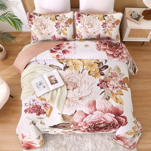 WONGS BEDDING Blush Floral Quilt Set Queen, Elegant Flower Bedspread Coverlet Set for All Season, 3 Pieces Farmhouse Soft Microfiber Reversible Pink Bedding Set with 2 Pillow Shams 96"X90" - color: Blush, size: Queen 90"×96"