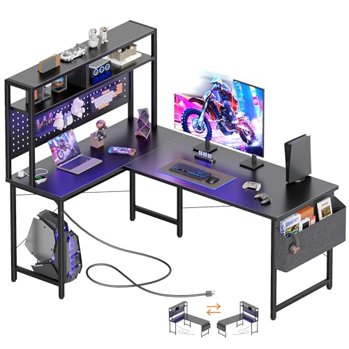 51 in L Shaped Desk with Pegboard, Reversible Corner Gaming Desk | Large Computer Desk with Hutch, Power Outlets, LED Light & Storage Bag, Office Table for Home Bedroom Study Work Writing - color: Black, size: 51 inch