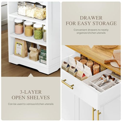 DWVO Large Kitchen Island with Trash Can Cabinet | 53 Inch Kitchen Island on Wheels, Rolling Island with Tilt‑Out Garbage Storage Fits 13 Gallon Bin - color: White