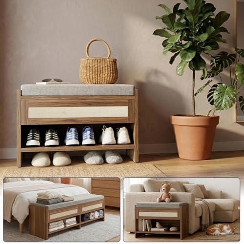 Rattan Drawer Shoe Bench with Soft Cushioned Seat for Hallway | Entryway Storage Shoe Stool - color: Caramel Oak