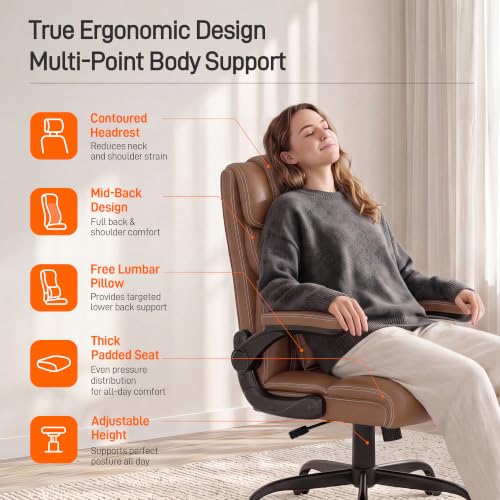 Office Chair, Executive Mid-Back Computer Desk Chair with Flip-up Armrests | 300 Lbs Ergonomic Leather Swivel PC Chair with Rock Function for Working Studying (Brown) - color: Brown