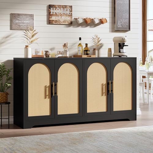 Garvee 59" Rattan Sideboard Buffet Cabinet - Large Storage Cabinet with 4 Doors, Modern Console Table Accent Coffee Bar Cabinet for Living Room, Kitchen, Hallway, Dining Room, Black - color: Black, size: 4 Doors
