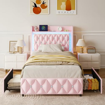 Twin Bed Frame with LED Lights & Charging Station, Upholstered Bed Frame Twin Size with Storage Headboard & 2 Drawers, Diamond Tufted, Curved Wingback, PU Leather, No Box Spring Needed, Pink - color: Pink, size: Twin