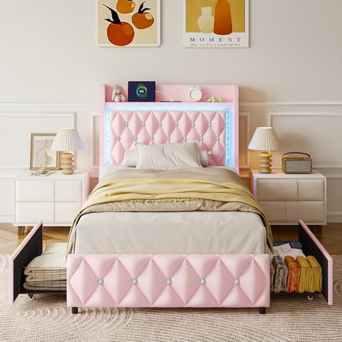 Twin Bed Frame with LED Lights & Charging Station, Upholstered Bed Frame Twin Size with Storage Headboard & 2 Drawers, Diamond Tufted, Curved Wingback, PU Leather, No Box Spring Needed, Pink - color: Pink, size: Twin