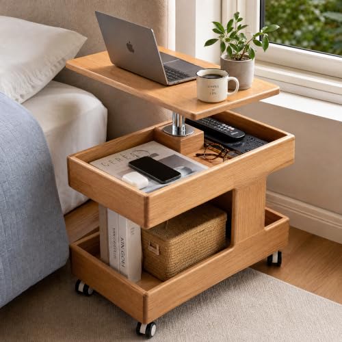 Small Lift Top Coffee Table with Wheels, Solid Wood Table with Storage | Lift top coffee table with hidden storage, rotating tabletop and wheels, designed for small spaces with no assembly required. - color: Natural