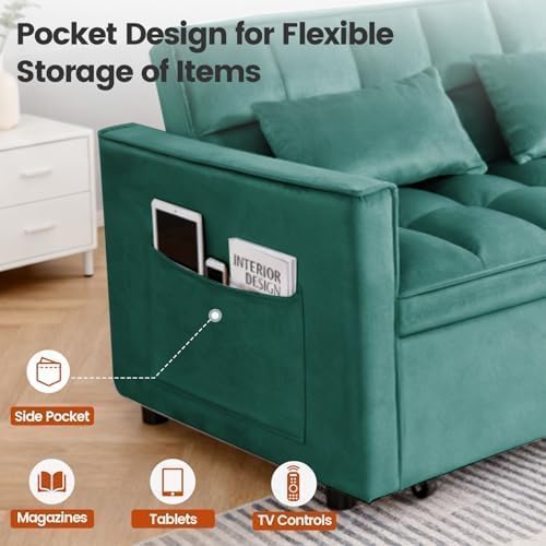 Sleeper Sofa Bed with Adjustable Backrest & Side Pockets, Green | Adjustable Backrest & Side Pockets,Pull Out Sofa,Comfortable Fabric - color: S-green-s2