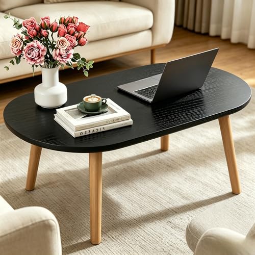 Coffee Table, 31.5" Oval Low Coffee Tables with Solid Wood Legs Large Black | Floor Table Desk for Sitting on The Floor, Easy Assembly Small Space Coffee Tables for Living Room, Apartment, Office - color: 31.5"l Oval Black