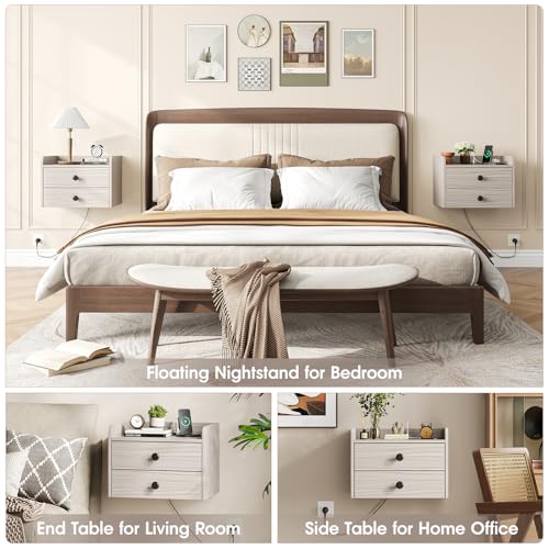 Floating Nightstand Set of 2 with 2 Storage Drawers and Charging Station | Wood Wall Mounted Bedside End Table Modern Night Stands set 2 for Bedroom,Small Space,Grey Black - color: Grey-black
