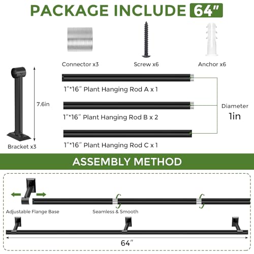 Plant Hanging Rod, 64 Inch Window Plant Hanger for Indoor Plants | Heavy Duty 1 Inch Metal Plant Rod for Window with Square Flange Base, Plant Shelves Wall Planters, Pot Not Included, Black - size: 64 Inch