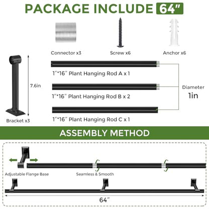Plant Hanging Rod, 64 Inch Window Plant Hanger for Indoor Plants | Heavy Duty 1 Inch Metal Plant Rod for Window with Square Flange Base, Plant Shelves Wall Planters, Pot Not Included, Black - size: 64 Inch