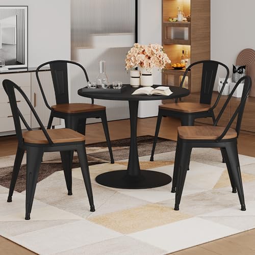 Alunaune 18inch Metal Dining Chair Set of 4 High Back Classic Chic Iron Farmhouse Chairs Industrial Stackable Coffee Stools Bistro Cafe Side Barstools Wood Seat-Black - color: Black