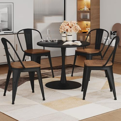 Alunaune 18inch Metal Dining Chair Set of 4 High Back Classic Chic Iron Farmhouse Chairs Industrial Stackable Coffee Stools Bistro Cafe Side Barstools Wood Seat-Black - color: Black