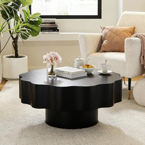 Modern Black Scalloped Coffee Table 31.5" Round Wood Center Table Wave-Shape Coffee Tea Tables with Pedestal Base for Living Room Apartment Small Space (Black) - color: Black