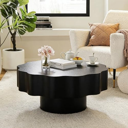 Modern Black Scalloped Coffee Table 31.5" Round Wood Center Table Wave-Shape Coffee Tea Tables with Pedestal Base for Living Room Apartment Small Space (Black) - color: Black