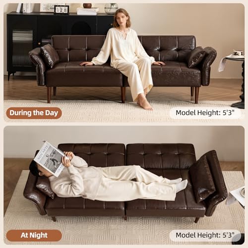 HALLYBEE 85" Futon Faux Leather Couch with Adjustable Armrests Coffee Brown | Futon Sofa Bed, Sleeper Sofa, Small Couch with Pillows, Side Pockets, Mid Century Modern, Living Room, Bedroom, Apartment - color: Coffee Brown