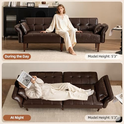 HALLYBEE 85" Futon Faux Leather Couch with Adjustable Armrests Coffee Brown | Futon Sofa Bed, Sleeper Sofa, Small Couch with Pillows, Side Pockets, Mid Century Modern, Living Room, Bedroom, Apartment - color: Coffee Brown