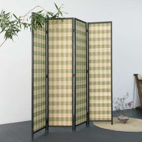4 Panel Bamboo Room Divider, Green Stripe Folding Privacy Screen | 5.6 ft Folding Screen Divider, Divider for Room Separation, Freestanding Room Partition Screen, Double-Sided Panel Screen - color: Green Stripe, size: 4 Panel