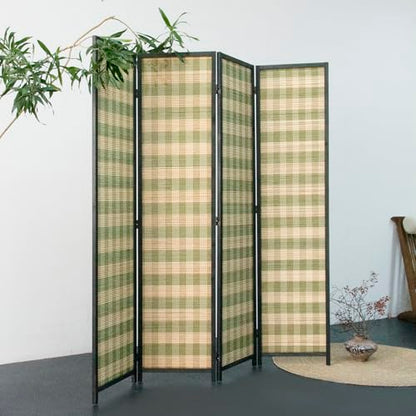 4 Panel Bamboo Room Divider, Green Stripe Folding Privacy Screen | 5.6 ft Folding Screen Divider, Divider for Room Separation, Freestanding Room Partition Screen, Double-Sided Panel Screen - color: Green Stripe, size: 4 Panel