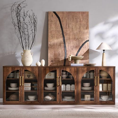 Glass Arched Door Sideboard Buffet Cabinet Set of 2, Brown | Modular, Multi-Compartment Storage, Adjustable Shelf, Soft Close Hinges, Freestanding, for Dining Room, Living Room - color: Brown