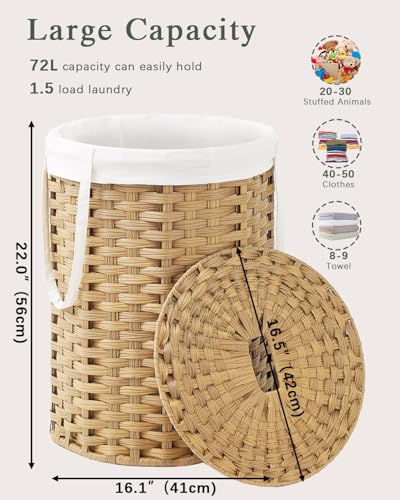 SETVSON Laundry Hamper with Lid Laundry Basket with Lid 72L, Natural | 19 Gal Round PE Rattan Hamper with Lid, Removable Washable Liner Bag, 2 Mesh Wash Bags, Steel Frame, Handles - color: Natural, size: 72 L