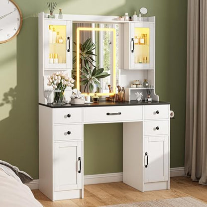 Vanity Desk with Mirror and LED Lights & Power Outlet | Large Makeup Vanity Table with 5 Drawers and 4 Storage Cabinets, White Dressing Table for Bedroom - size: 044 White