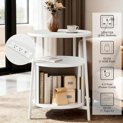 DHH Round End Tables with Charging Station, Fluted Accent Side Table with Sliding Door, Mid-Century Modern Nightstand for Small Space Storage, Living Room, Bedroom,Sofa Couch(1, White) - color: Grayish White
