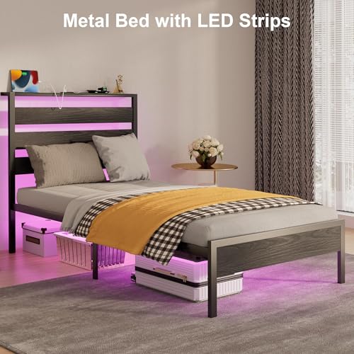 J.Fkne Twin Bed Frame with Headboard, Platform Bed with LED & Charging Station, Heavy Duty Metal Slats, No Box Spring Needed, Noise Free, Easy Assembly, Black - size: Twin, style: Contemporary