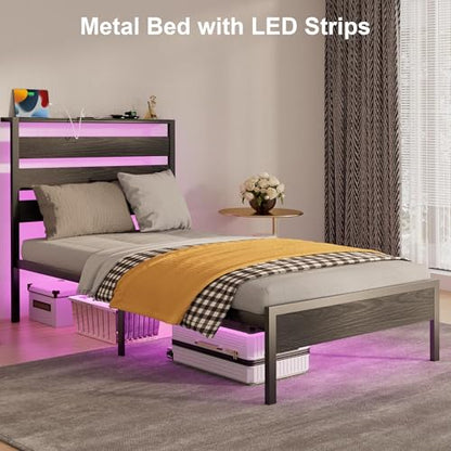 J.Fkne Twin Bed Frame with Headboard, Platform Bed with LED & Charging Station, Heavy Duty Metal Slats, No Box Spring Needed, Noise Free, Easy Assembly, Black - size: Twin, style: Contemporary