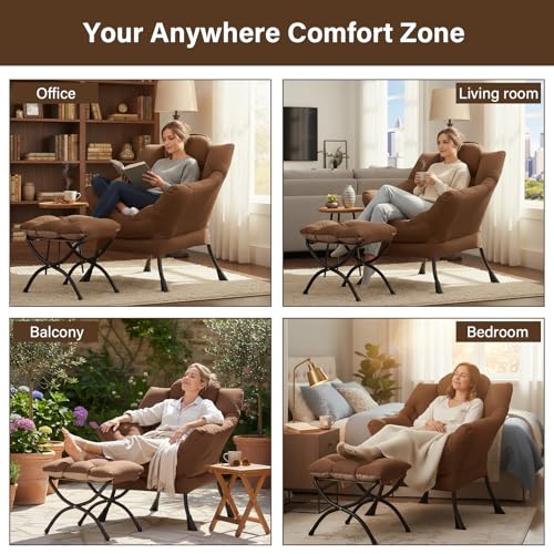 Welnow Lazy Chair with Ottoman, Reading Chair with Footrest,Dark Brown | A Side Pocket,Armrests,Foldable Footrest,Thick Cushioned Seat & Backrest, Lounge Chair for Bedroom,Living Room & Small Space - color: Dark Brown