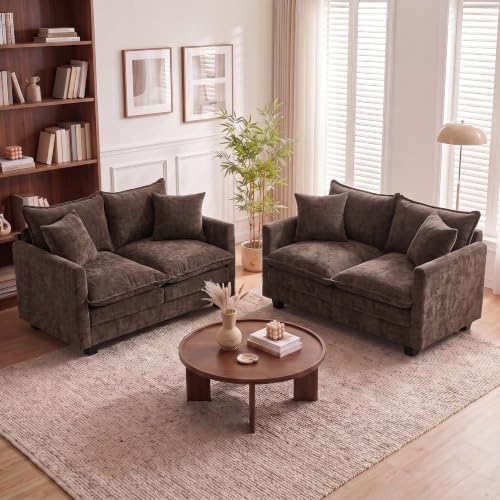 50'' Loveseat Sofa Set, Small Couch Set 2 Piece Cloud Love Seat with 27" Deep Seat Washable Chenille Pillows Couches for Small Spaces Apartment Living Room, Brown - color: Brown, size: 50"+50"