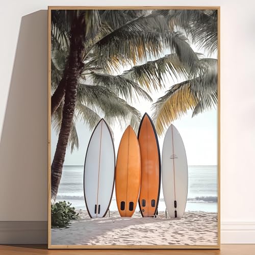 Surfboard Ocean Art Neutral Coastal Pictures Ocean Beach Scene Picture Palm Tree Artwork Coastal Boho Prints Summer Landscape Canvas Surf Beach Prints Seaside Paintings for Home Room 16x24in Frameless - color: B1Unframed