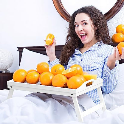 2 Pack Bed Tray Table Breakfast Trays Serving Tray Bamboo Bed Laptap with Folding Legs Handles and Phone Holders - color: White 2 Pack
